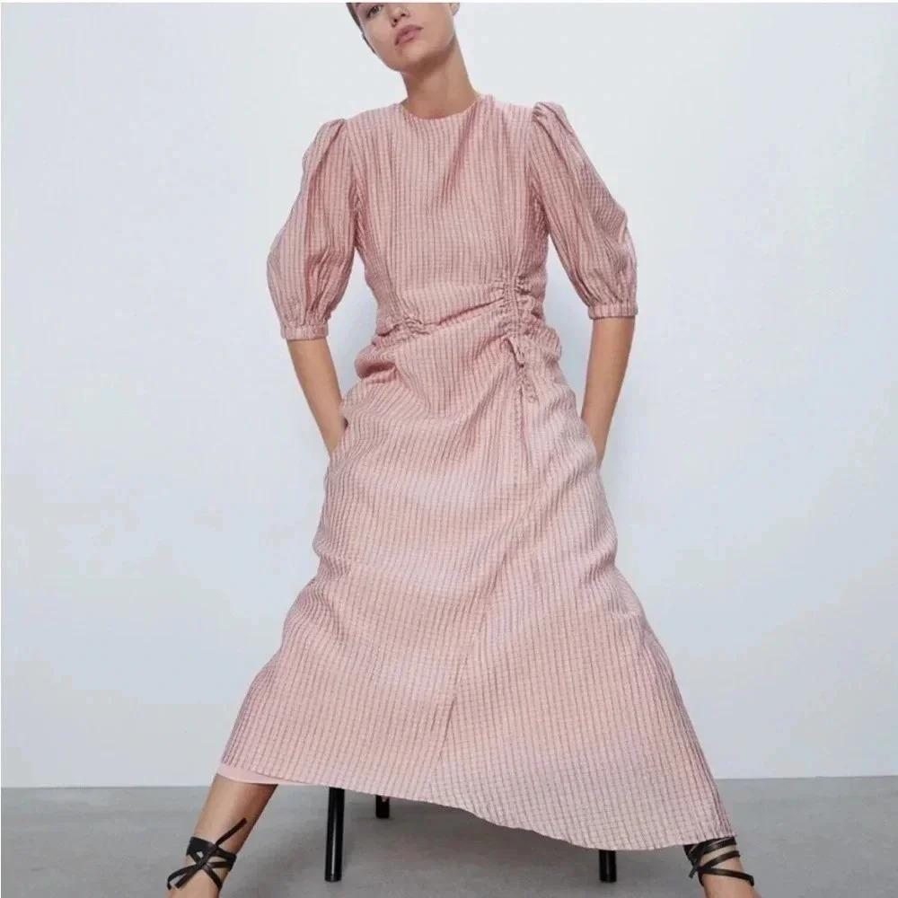Zara pink gathered cinched waist maxi dress